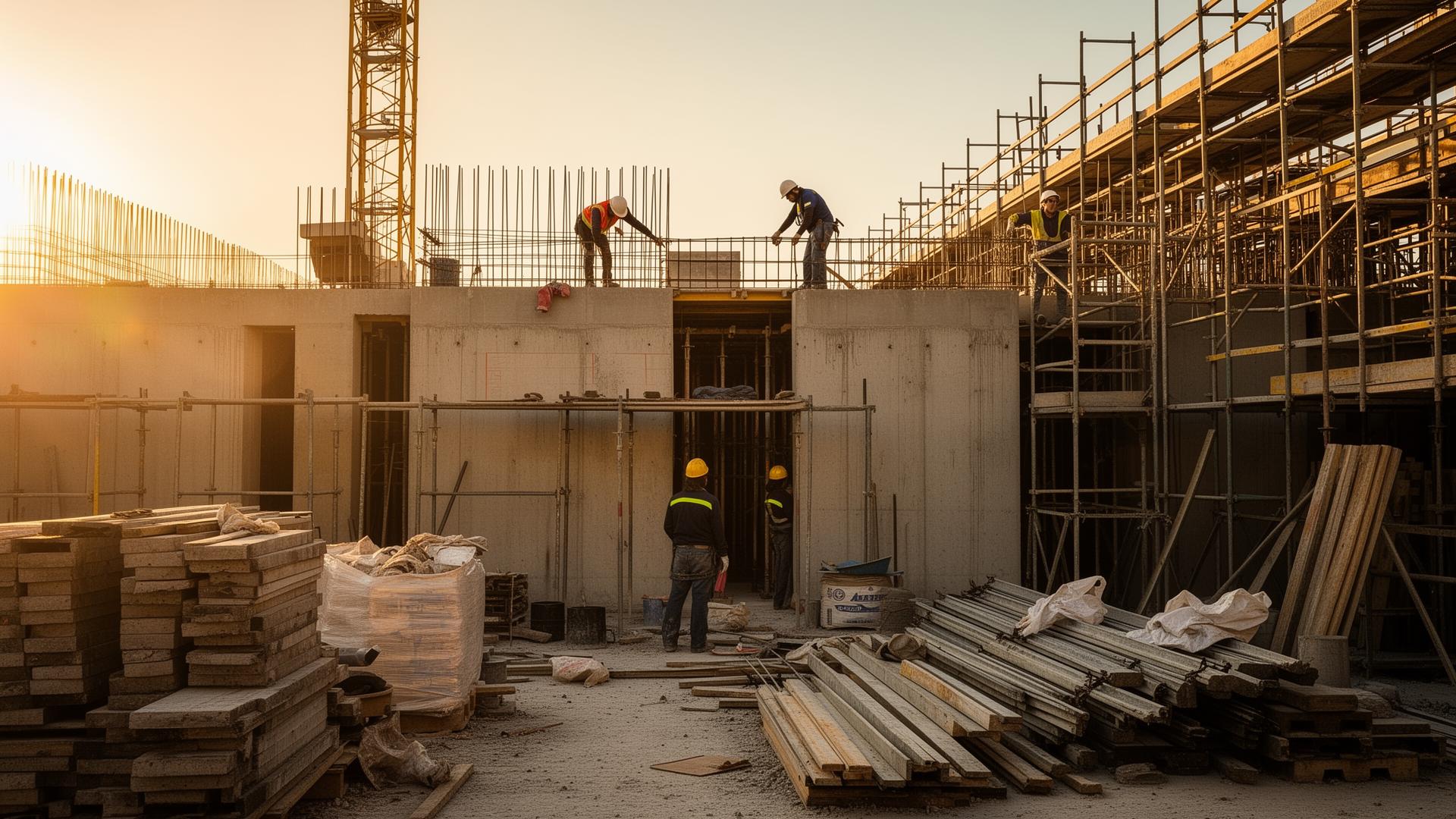 Cantiere edile con operai, impalcature e materiali da costruzione